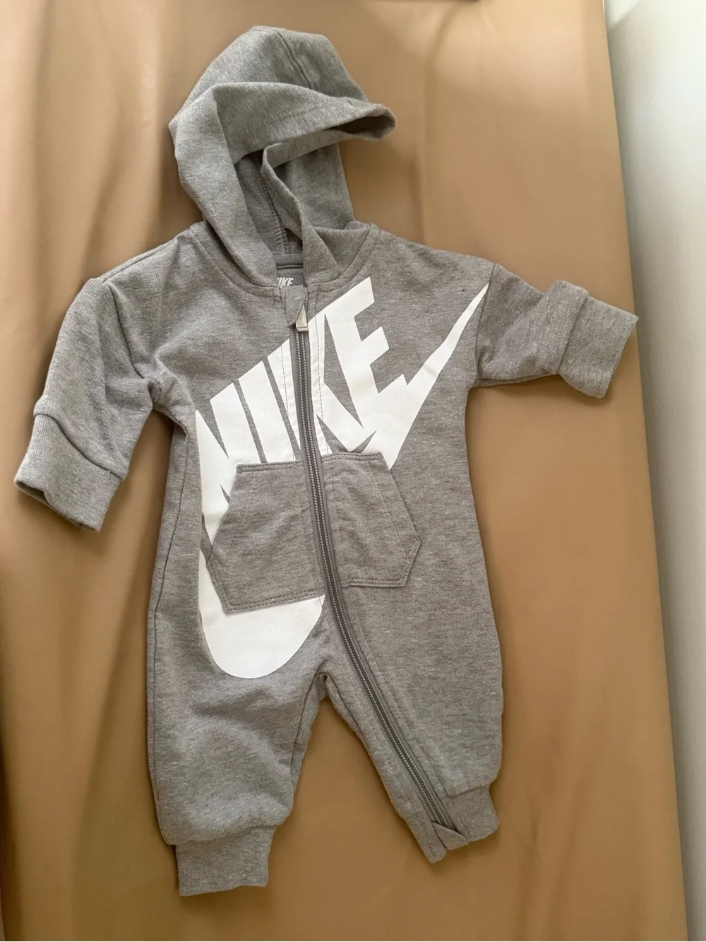 Nike Gray Hooded Baby One-Piece with White Swoosh